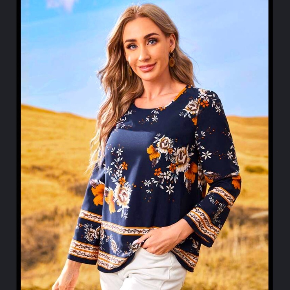 Emery Rose Floral Print Blouse - Women’s Size S - Navy / Yellow / White